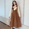 Váy đi tiệc dáng xoè dài tay thắt nơ cổ có khoá kéo chất dạ nhung hàng đổ shop