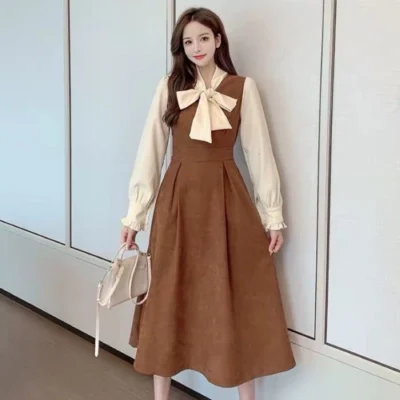 Váy đi tiệc dáng xoè dài tay thắt nơ cổ có khoá kéo chất dạ nhung hàng đổ shop