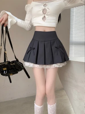 Chân váy xếp ly đính nơ ren 2 tầng váy nữ cạp cao chữ A mini thiết kế hàn quốc lolita tennis trendy
