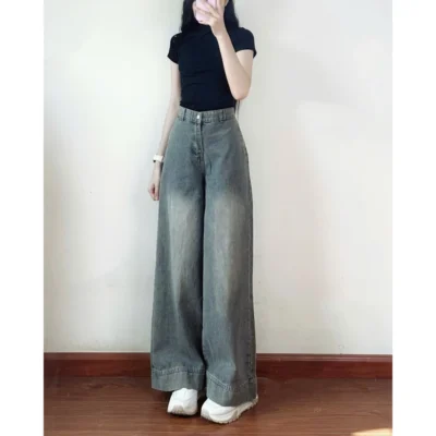 Quần jeans nữ ống suông ống rộng 247store lưng cao tôn dáng màu xanh retro đi học đi làm đi chơi Back to School